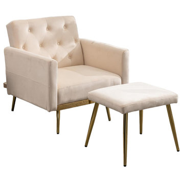 Accent Chair With Ottoman, Gold Legs & Tufted Recliner Back, Beige Velvet