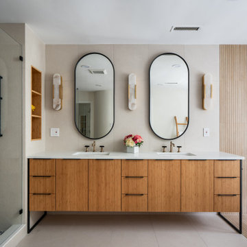 Zen Bathroom Remodel with Floating Vanity and Freestanding Tub