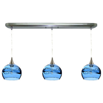 Swell 3-Light Linear Pendant No. 767, Blue Glass Shades, 4 Watt