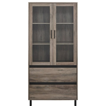 Pemberly Row 68" Glass Door Storage Hutch with Adjustable Shelves in Gray Wash