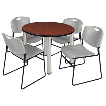 Kee 36" Round Breakroom Table, Cherry/Chrome and 4 Zeng Stack Chairs, Gray