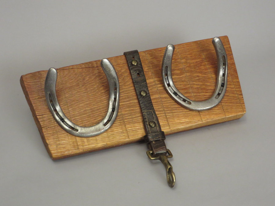 #R15049 Coat Rack Reclaimed Oak, horseshoes, leather.