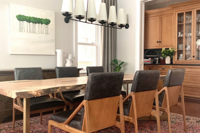 Mid-sized transitional dark wood floor dining room photo in Chicago with beige walls