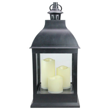 20" Large Black Candle Lantern With 3 Flameless LED Candles