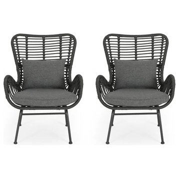 Set of 2, Modern Accent Chair, Gray Rattan Frame With Dark Gray Cushioned Seat