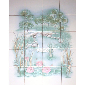 Green and Peach Swan Landscape Ceramic Tile Mural, 20-Piece Set