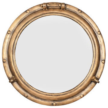 22" Round Metal Porthole Framed Wall Mirror, Gold