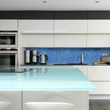 Contemporary Kitchen with Blue Backsplash