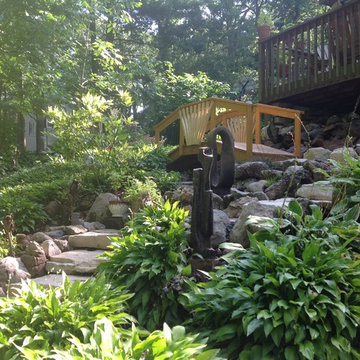 Scotch Plains, NJ. Platform Deck, Wooden Bridge, Cottage Stone Steps and Walls
