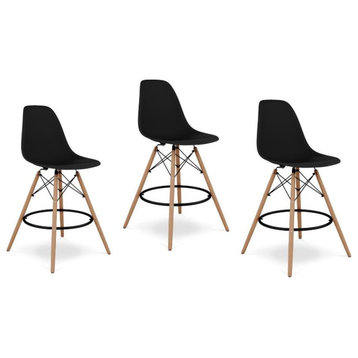 Home Square 3 Piece 28" Plastic and Wood Counter Stool Set in Black/Brown