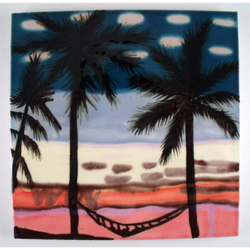 Tropical Beach Palm Trees with Hammock Ceramic Tile 6x6 Inches