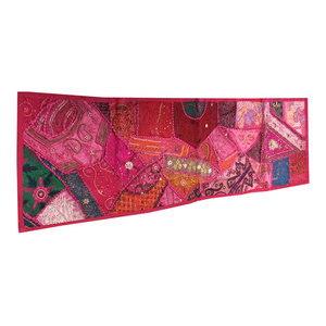 Mogul Interior - Consigned Moroccan Pink Sari Patchwork Sequin Embroidered Tapestry - Table Runners