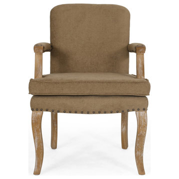 Tim French Country Upholstered Dining Arm Chair With Nailhead Trim, Dark Beige/Natural Brown, 100% Polyester/Rubber Wood
