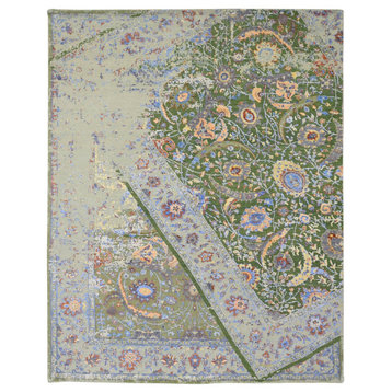 Green Rug, on Rug, Design Hand Knotted Silk With Textured Wool Rug, 7'9"x9'10"