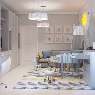 Diseño de dormitorio infantil de 1 a 3 años, actual, de tamaño medio, con paredes blancas, suelo de corcho y suelo beige
