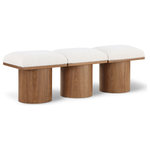 Meridian Furniture - Pavilion Black Boucle Fabric Bench, Cream, Walnut Brown Finish, 54" W X 15.5" D X 17.5" H - Bring valuable seating and remarkable style to your space with this cream Pavilion boucle fabric bench, an exquisite balance of style and usability for the entryway, bedroom, and beyond. Crafted from oak veneer with a walnut brown finish, this bench has a 4-inch-thick seat cushion that's channel-tufted for a touch of luxury. The bench's columnar bases add a dash of art deco design, making it a captivating focal point in any room.