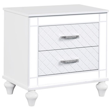 Elegant Nightstand, Mirrored Design With 2 Full Extension Storage Drawers, White