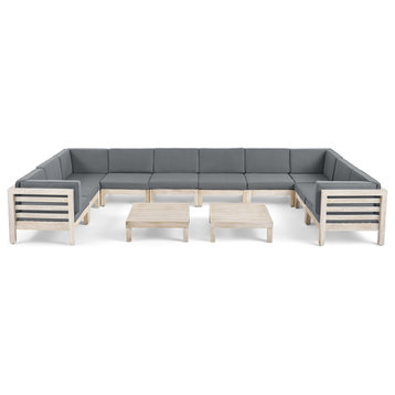 May Outdoor 12-Piece U-Shaped Acacia Wood Sectional Sofa Set With Coffee Tables, Weathered Gray/Dark Gray