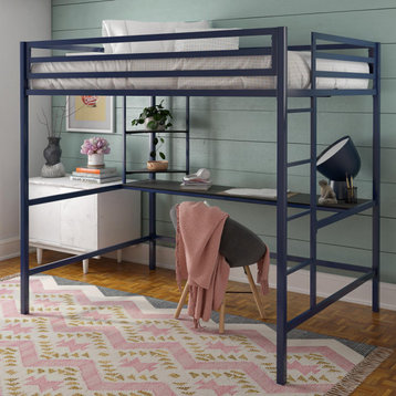 Novogratz Maxwell Metal Loft Bed With Desk & Shelves, Navy/Black, Full