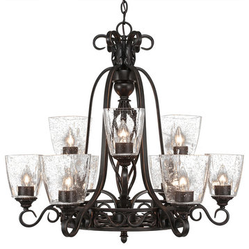 Elegant_ 9-Light Chandelier, Dark Granite Finish, 4.5" Clear Bubble Glass