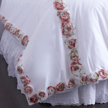 White Duvet Cover with Colorful Rosettes & Feather Trim
