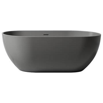 59" Freestanding Soaking Stone Resin Solid Surface Bathtub, Dark Grey