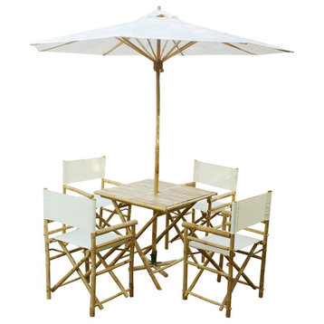 Bamboo Patio Set w/ 4 White Director Chairs +1 Square Table w/ Matching Umbrella