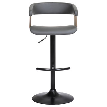 Calista Adjustable Bar Stool, Grey Faux Leather With Golden Bronze