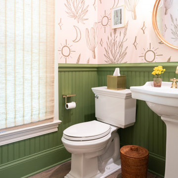 Botanical-Inspired Powder Room with Two-Tone Wainscoting and Whimsy