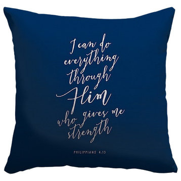 "Philippians 4:13 - Scripture Art in White and Navy" Outdoor Pillow 16"x16"
