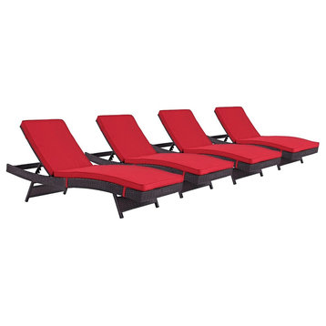 Modern Contemporary Outdoor Patio Chaise Lounge Chair, Set of 4, Red, Rattan
