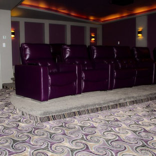 Example of a mid-sized cottage chic enclosed carpeted home theater design in Toronto with purple walls