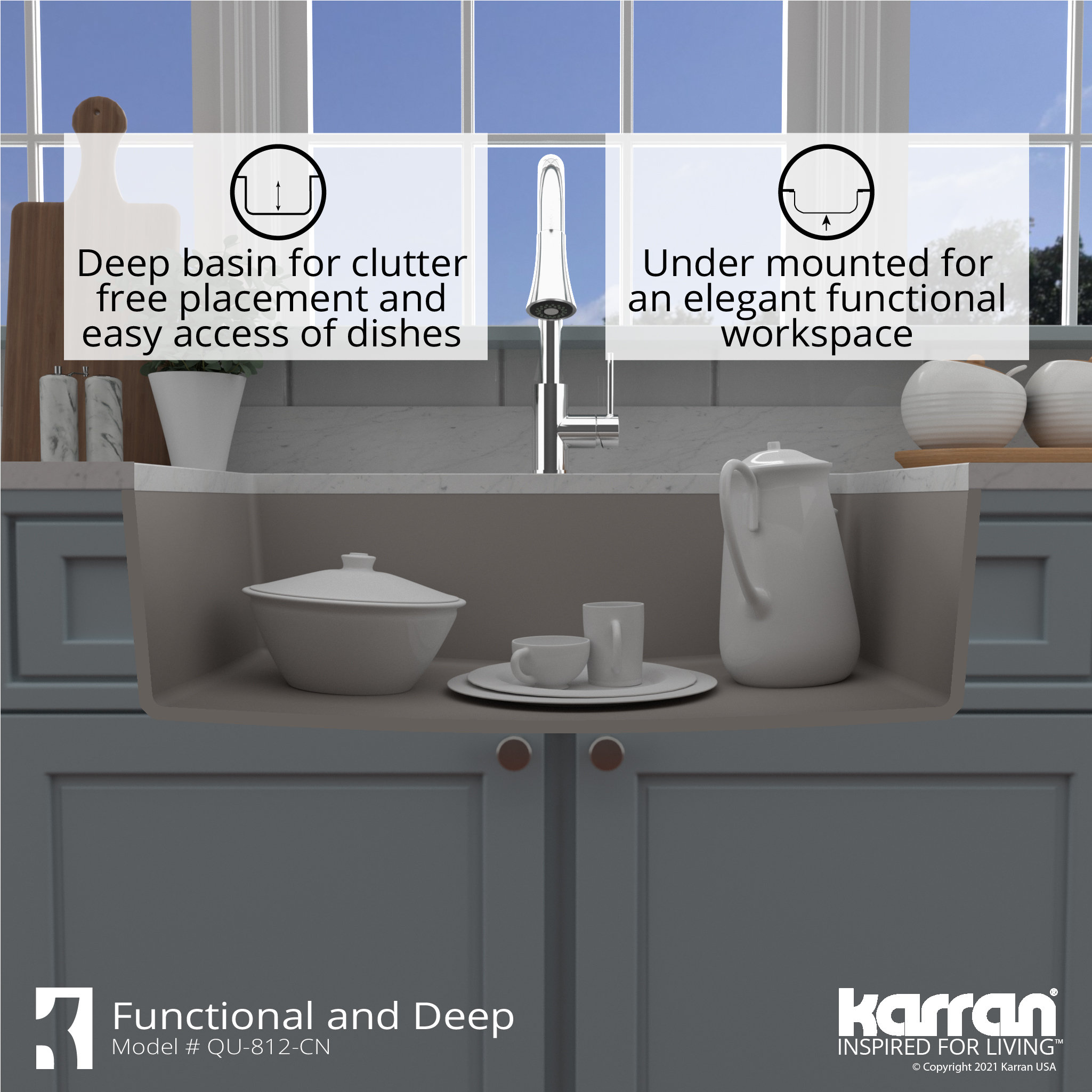 Karran QU-812 Undermount 32.5" Large Single Bowl Quartz Sink Kit, Concrete