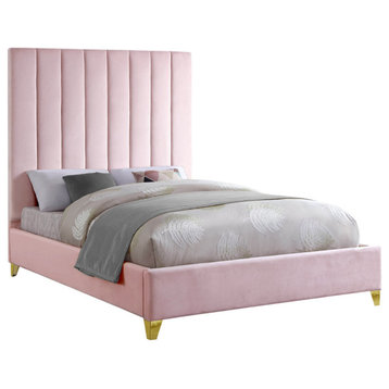 Via Velvet Upholstered Bed, Pink, Full
