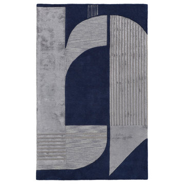 Weave & Wander Cutlor Graphic Wool Rug, Navy Blue/Silver Gray, 3ft-6in x 5ft-6in