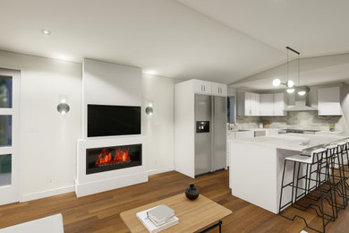 Knightway Mobile Home Reno. Living Room, Kitchen Interior Design, Floor Plan, 3D