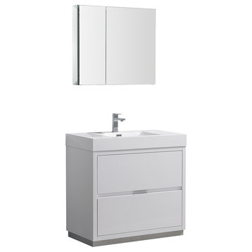 36" Glossy White Free Standing Modern Bathroom Vanity w/ Medicine Cabinet