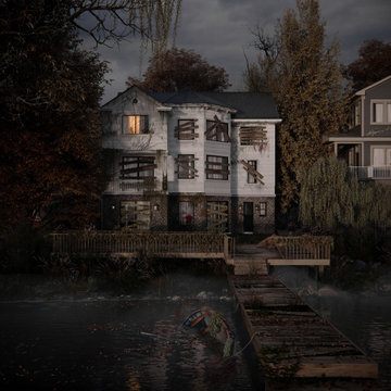 Atmospheric 3D exterior rendering of a luxury house near the lake