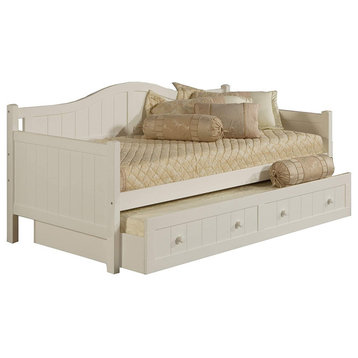 Traditional Twin Daybed With Trundle, Curved Headboard With Square Arms, White