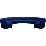 Meridian Furniture - Infinity Channel Tufted Velvet Modular Chair, Navy, 10 Piece - Create a seating group that works for every possible situation with this Infinity 10-piece sectional and other pieces in the Infinity collection. Upholstered in soft navy velvet material that feels great against the skin and offers long-wearing beauty, this piece fits with other Infinity items for an infinite number of combinations that get your seating requirements just right but that look just as nice when used on their own.