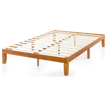Retro Platform Bed, Hardwood Frame & Strong Slat Support, Natural Pine, Cal King