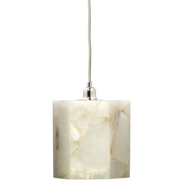 Luxe Faceted Cut Alabaster Stone Slab Pendant Light Natural White Hexagon 7"
