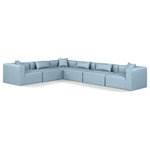 Meridian Furniture - Cube Upholstered Modular Sectional, Light Blue, 6-Piece: 3 Armless Chair, 3 Corner Chair, Vegan Leather - Elevate your space with the luxurious Cube Vegan Leather Modular Sectional. This modular sectional exudes modern elegance, charm, and comfort making it a perfect addition to any contemporary living space. Its clean lines and cube shape are reminiscent of minimalist design, while the plush light blue vegan leather upholstery adds a touch of luxury and sophistication. The chair's versatile construction and geometric aesthetic seamlessly integrate into various design styles, from sleek living rooms to chic home offices, embodying the essence of modern design and creating a sense of order and tranquility in your space.