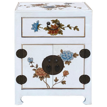 Chinese Off White Vinyl Moon Face Flower End Table Nightstand Hcs7130