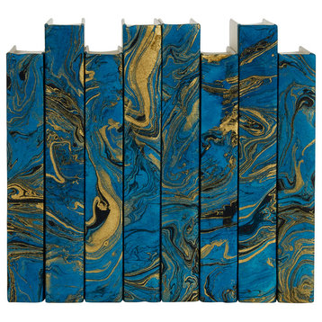 8 Piece Decorative Book Set, Hand Painted Marble on Turquoise