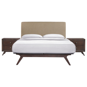 Modern Urban Contemporary Bedroom Set, Latte Fabric Wood, Set of 3, Queen Size
