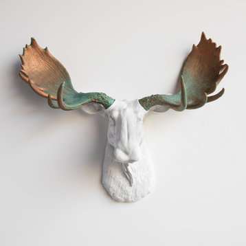 Faux Taxidermy Moose Head Wall Mount, White and Green Patina