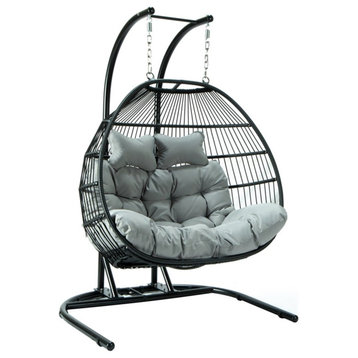 LeisureMod Wicker 2 Person Double Folding Hanging Egg Swing Chair in Light Gray