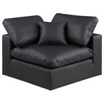 Meridian Furniture - Comfy Beige Linen Textured Fabric Modular Chair, Black, Vegan Leather, Corner Chair - Give your space a whole new look with this black Comfy vegan leather corner chair. This handsome chair fits nicely with other items in the Comfy collection and is a versatile seating option designed for adaptability, comfort and style. Wrapped in rich black durable vegan leathered upholstery, this chair offers a plush embrace of overstuffed down feather cushions, carefully crafted to deliver the highest level of comfort. The perfect seat for creating an oasis for relaxation, this chair has thick foam surrounding its frame for added support and coziness.