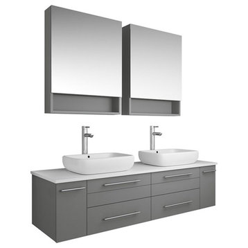 Fresca Lucera 60" Wall Hung Double Vessel Sink Wood Bathroom Vanity in Gray